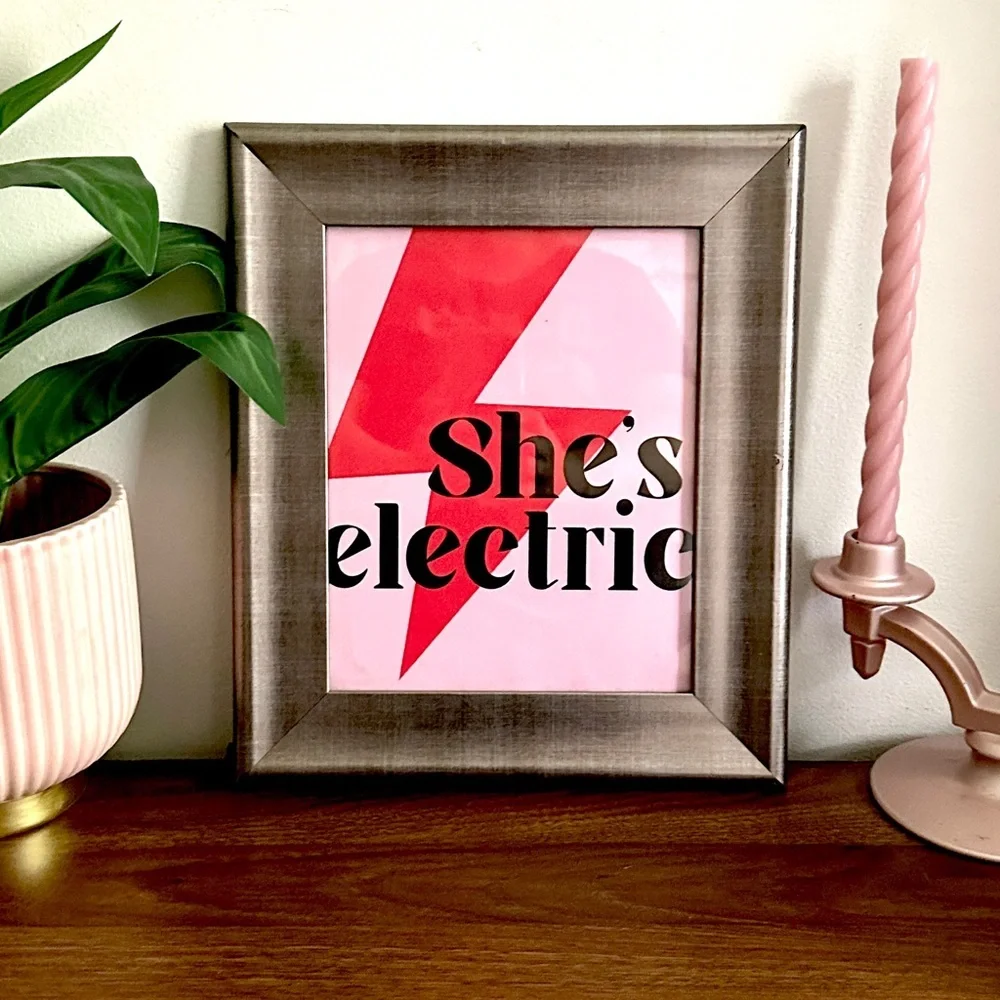 She’s Electric Lightning Bolt Red & Pink Canvas Art Print Silver Framed Wall Art